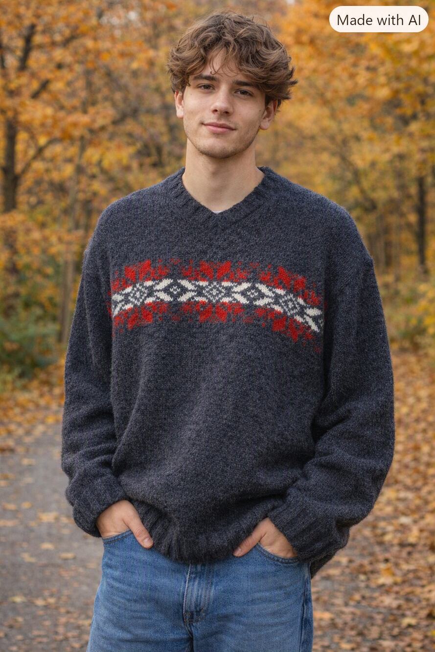 Old Navy 100% Lambswool Sweater Gray Red Nordic Design Sz Medium Large